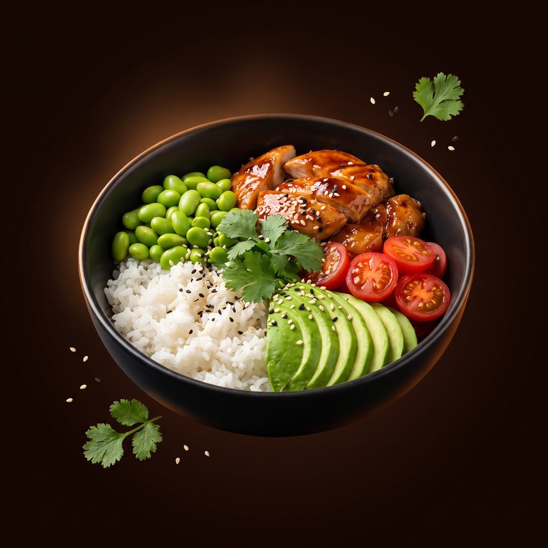 Bowl de arroz con pollo teriyaki, aguacate, tomate cherry y edamames