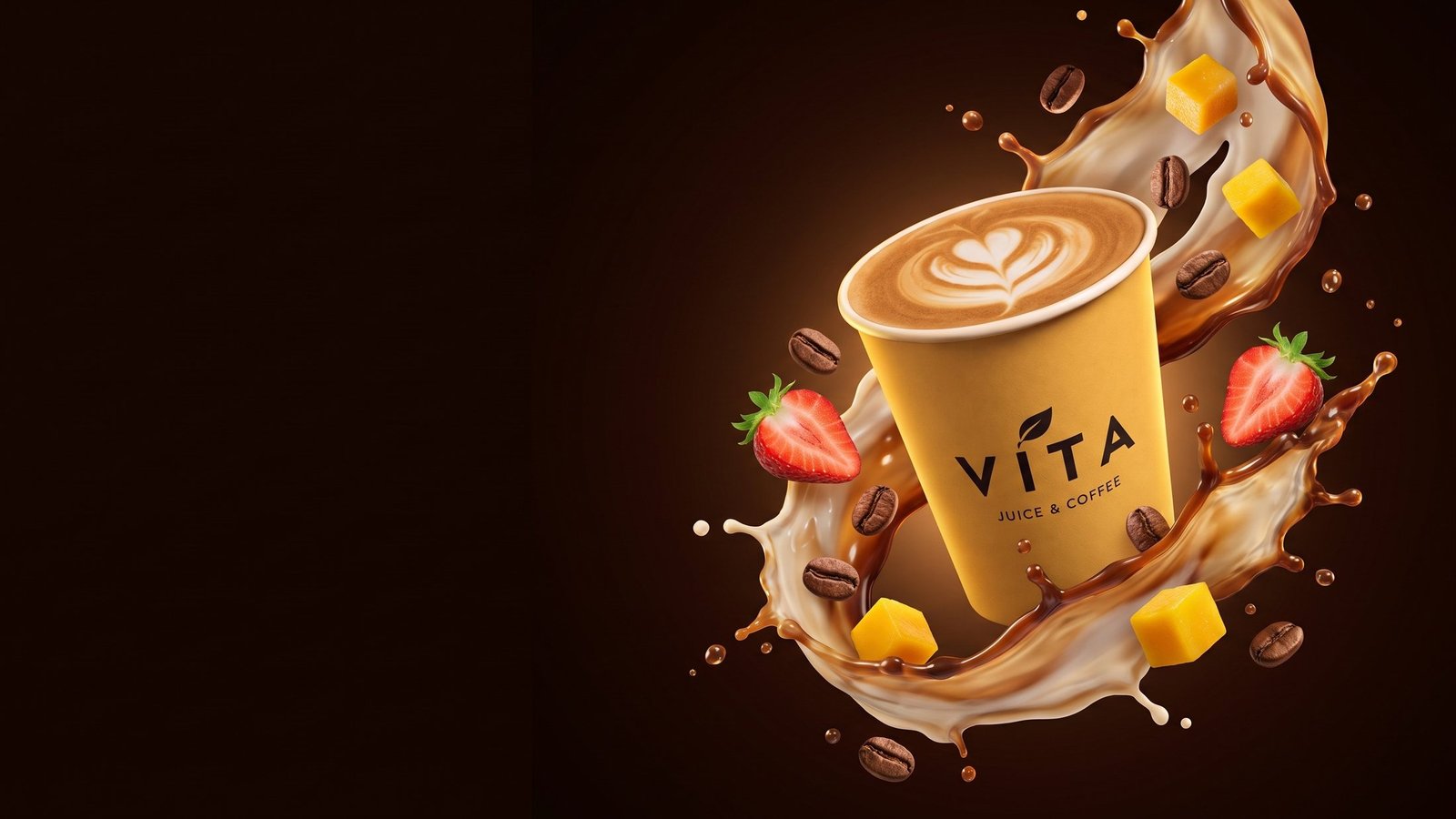 Vaso amarillo de Vita con latte, rodeado de café, leche, fresas y mango
